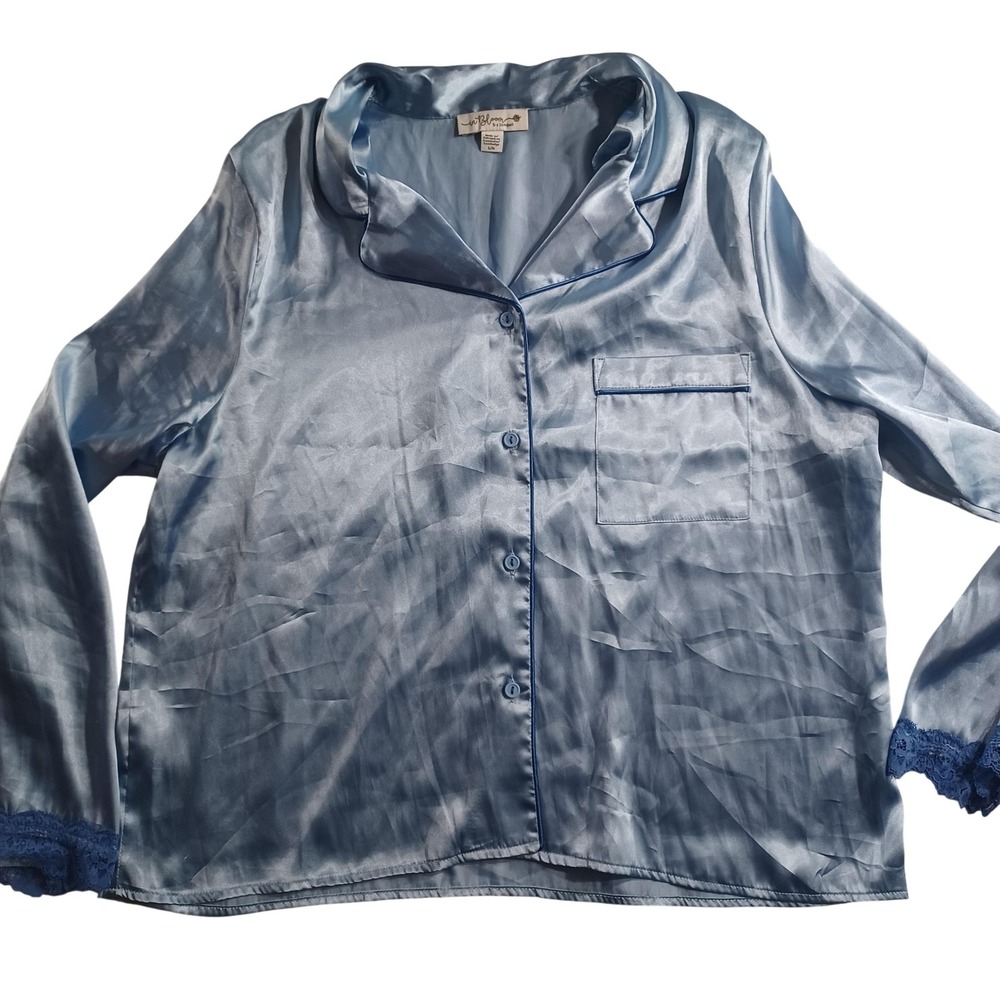 In Bloom By Jonquil Shirt Womens Large Blue Satin Long Sleeve Button Up Pajama